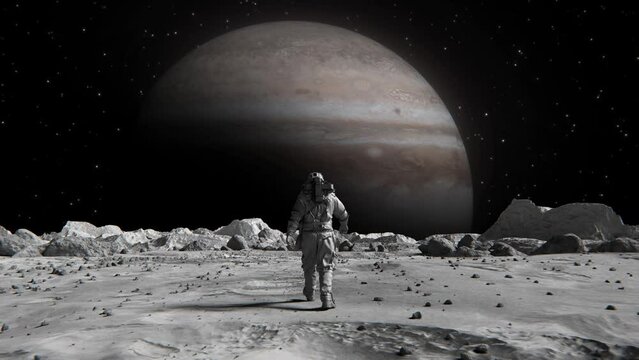 Footage of a brave astronaut in a suit confidently walking on the Moon toward planet Jupiter