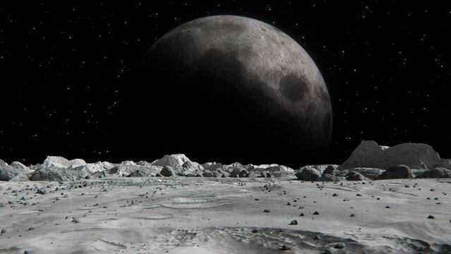 Footage of the Moon in an outer space seen from a planet with small rocks