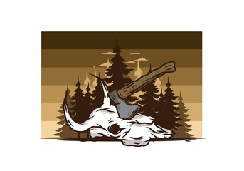 an ax stuck in a buffalo skull illustration