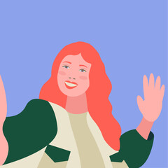 The girl takes a selfie photo and smiles. Vector illustration in bright colors in pop art style. International Selfie Day.