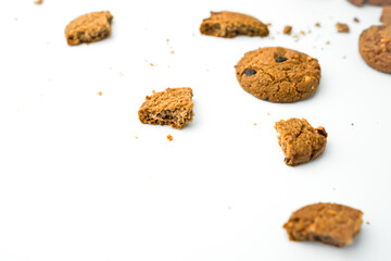 Chocolate chip cookies crack on isolated white background