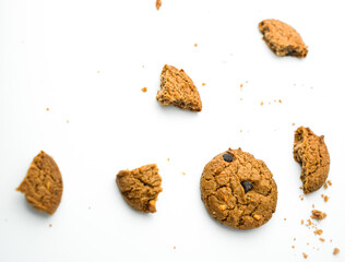 Chocolate chip cookies crack on isolated white background