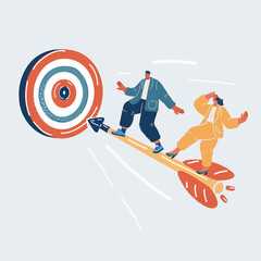 Vector illustration of people try to Achieving business goals. Team flies to target on arrow, achievement. Man and woman