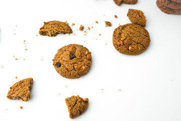 Chocolate chip cookies crack on isolated white background