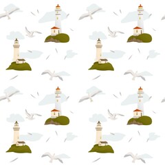 Seamless pattern with seagulls and lighthouses. Marine concept. Perfect for product design, scrapbooking, textile, wrapping.