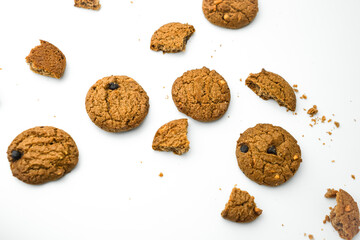 Chocolate chip cookies crack on isolated white background