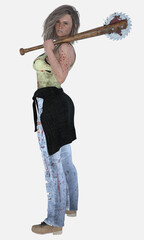 Full length side profile image of Nola a young beautiful brunette woman traveler in a dystopian post-apocalyptic world standing with a baseball bat. Nola is a 3D illustration character model render