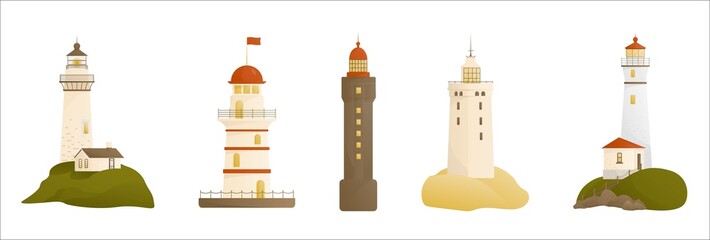 Vector illustration set of lighthouses. Searchlight towers with a beam of searchlight for marine navigation of ships. Flat lighthouse buildings icon.