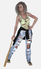 Full length portrait of Nola, a young beautiful brunette woman bloodied and disheveled traveler in a dystopian post-apocalyptic world leaning on bat. Nola is a 3D illustration character model render.