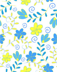 Pattern with blue-yellow flowers and leafs