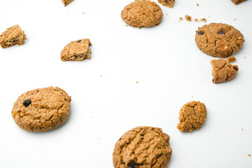 Chocolate chip cookies crack on isolated white background