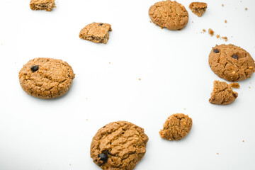 Chocolate chip cookies crack on isolated white background