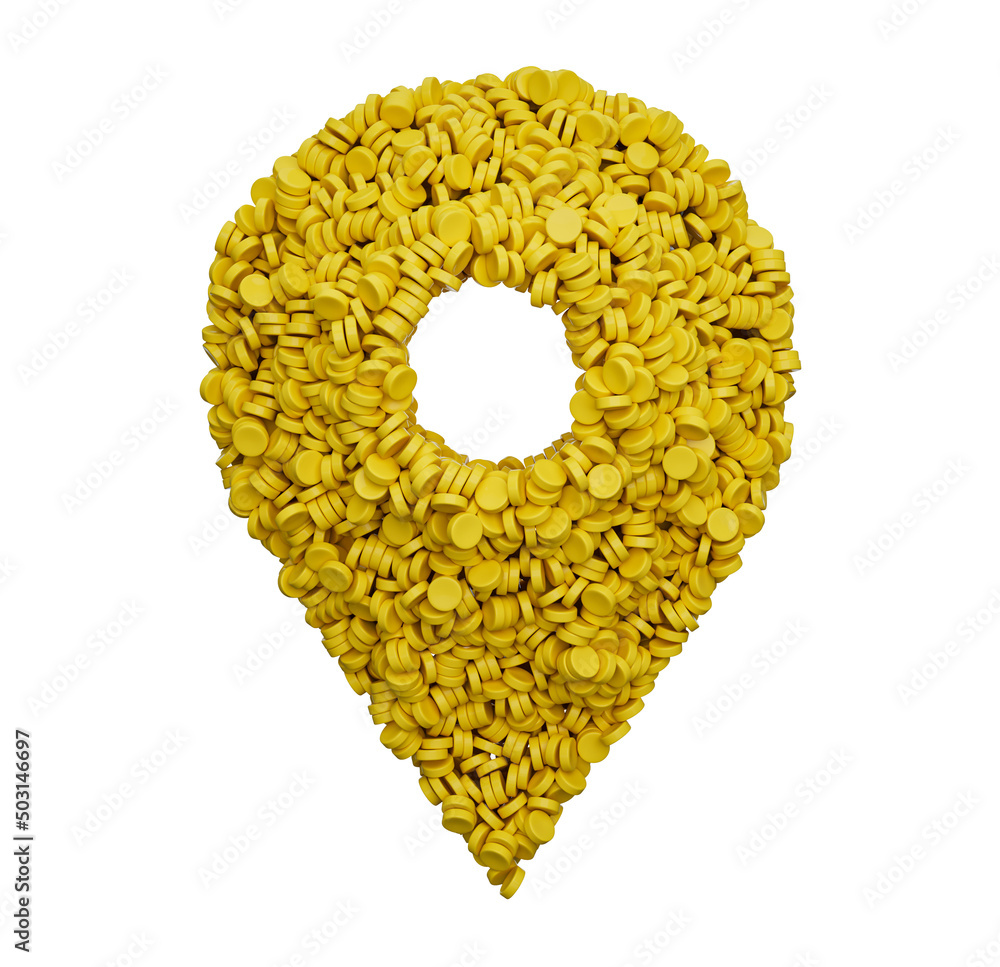 Poster 3d rendering of a location pin symbol from yellow plastic pvc polymers isolated on white background