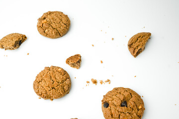 Chocolate chip cookies crack on isolated white background