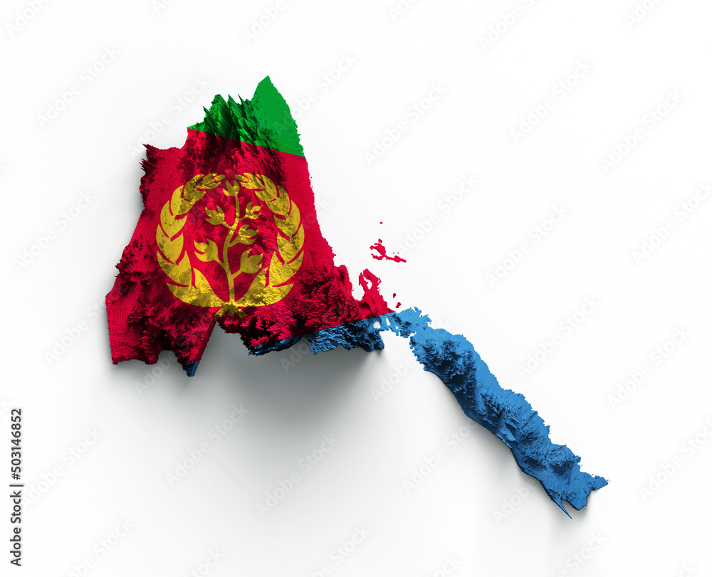 Wall mural 3d rendering of the map shaded flag of eritrea isolated on white background