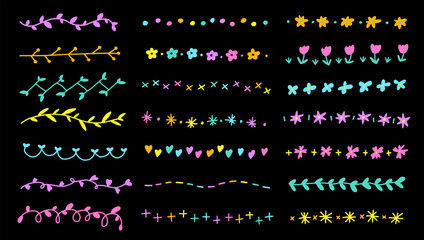 Set of Hand Drawing Drawn Flower Botanic Neon Abstract Doodle Line Laurel Borders Frames Dividers Wreath Collection Flat Style Rainbow Bright Colorful Black Background Vector Illustration Pack Element