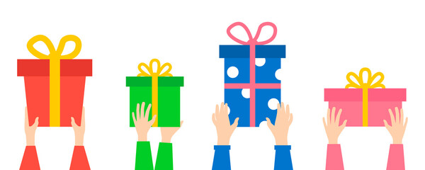 Hands holding gifts. Holiday gifts. Surprise. Gift boxes with ribbon and bow. Vector illustration