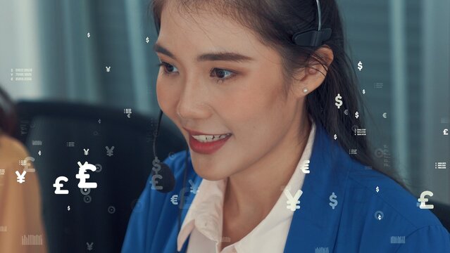 Customer support call center provide data with envisional graphic . Business and communication technology concept .