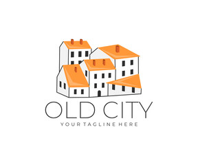 Fototapeta premium Old town, house, home and build, logo design. Architecture, history, city, building and construction, vector design and illustration