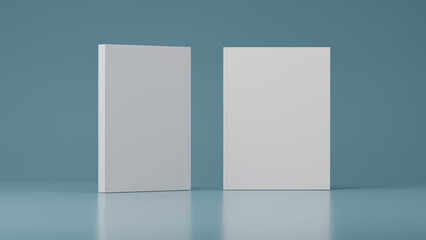 two closed white books in different position isolated on blue background, template or mockup, 3D render - obrazy, fototapety, plakaty