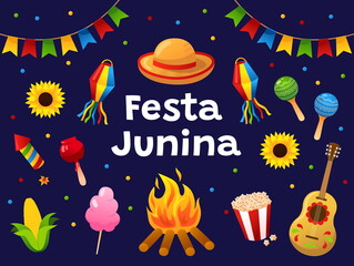 Festa Junina!  Brazilian Latin American festival. Set of guitar, garlands, flashlight, sunflower, campfire, food and isolated objects. Drawings for banner, card, poster. Vector Illustration.