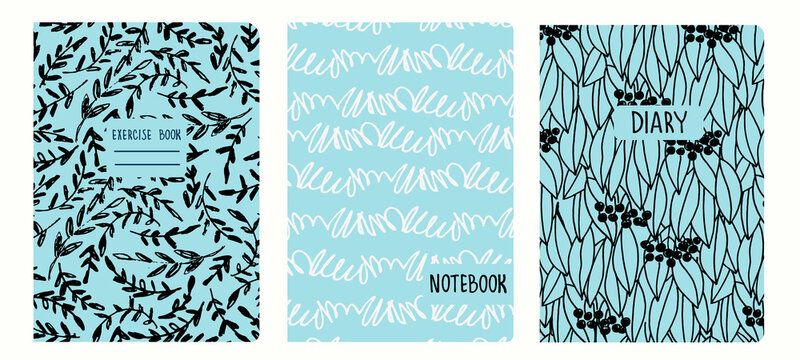 Cover page templates based on seamless patterns with hand drawn branches, leaves, berries, gridlines. Backgrounds for notebooks, notepads, diaries. Headers isolated and replaceable