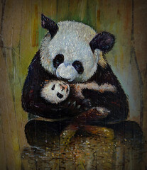 hand painted original impressionism  art painting oil color mother panda raising baby bears from thailand      