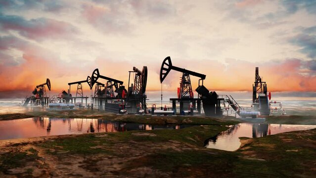 Oil pump, oil industry equipment, drilling derricks silhouette from oil field at sunset. Energy supply crisis, power supply, energy crisis. 4K
