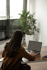 girl from the back with a laptop in the office