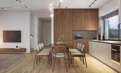 Bright contemporary interior at the dining table in a privat house. 