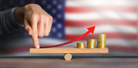 White arrow growth on USA flag background. Appreciationl of the US dollar. United States of America...