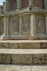 Detail of the Maggiore fountain (symbol monument of the city) in the old city centre of Perugia. Old etruscan, roman and medieval village, is the regional capital of Umbria (Center of Italy).