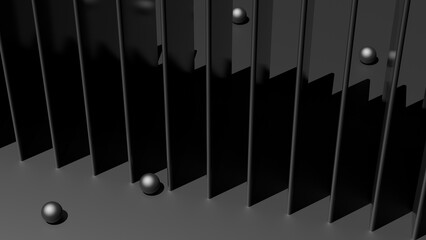 Balls roll over walls abstract.Concept design black background.3d render illustration.