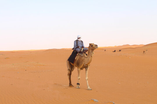 Closeup Shot Of A Man With Covered Face On The Camel Walking In The Desert