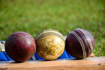 Old training cricket sport equipments on grass floor, leather ball, wooden wickets, gloves and...