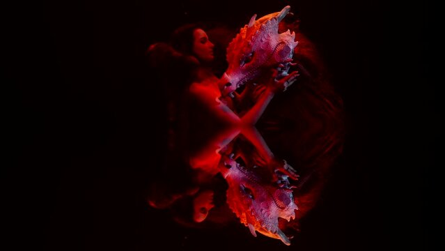 woman and dragon in dark depth underwater, psychedelic kaleidoscopic doubled shot
