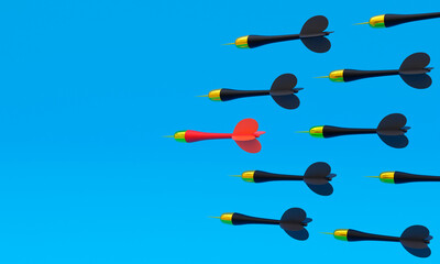 3d illustration, set of darts, one in front red color. leadership concept, blue background, copy space, 3d rendering