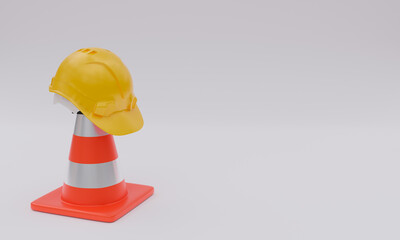 3d illustration, safety cone and protection helmet, on light background, copy space, 3d rendering