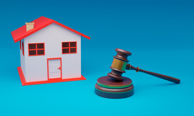 3d illustration, judge's house and gaval, auction concept, blue background 3d rendering