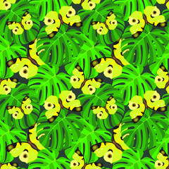 Beautiful bright yellow butterflies on round carved green leaves. Floral seamless pattern, dark background, vector illustration