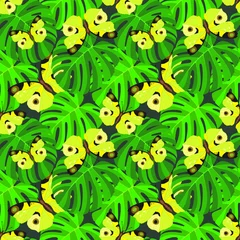 Fotobehang Beautiful bright yellow butterflies on round carved green leaves. Floral seamless pattern, dark background, vector illustration © Marya