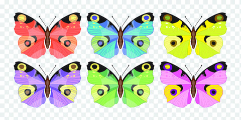 Bright beautiful butterflies of red, green, pink, lilac, blue, purple flowers on a transparent background. Set of isolated vector illustrations