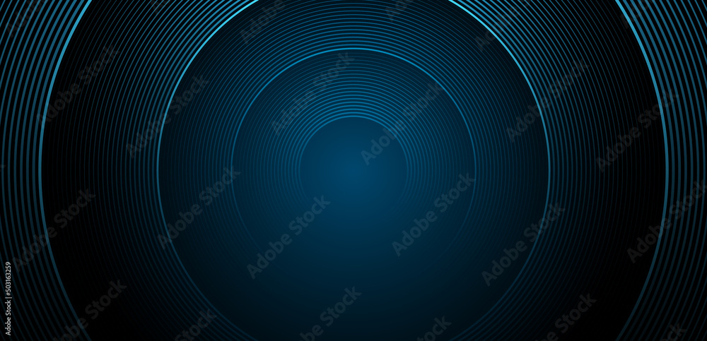 Wall mural abstract blue circle line stripes on dark blue background. gradient halftone circle lines pattern. d