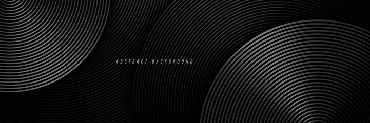 Abstract black background with circle lines pattern. Black metal lines texture. Modern shiny black and gray gradient lines creative design. Suit for wallpaper, backdrop, banner, poster.