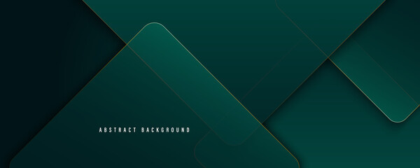 Dark green abstract background with gold lines and shadow. Geometric shape overlap layers. Transparent squares. Modern luxury rounded squares graphic pattern banner template design © MooJook