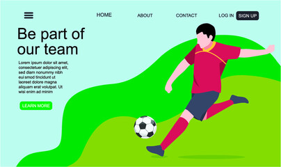 Banner with soccer player. Lettering Football with one ball. Football player in campionship. Fool color  illustration in flat style isolated on web background.