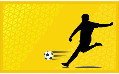 Banner with soccer player. Lettering Football with one ball. Football player in campionship. Fool color vector illustration in flat style isolated on yellow background.