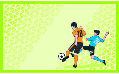 Banner with soccer players. Lettering Football with one ball. Football players in campionship. Fool color  illustration in flat style isolated on green background.