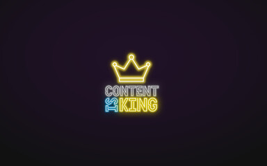 Neon style illustration of a presentation title, chapter titel saying 'content is king' in blue, white and yellow color on a dark background. Business concept, Slide background, title page. 