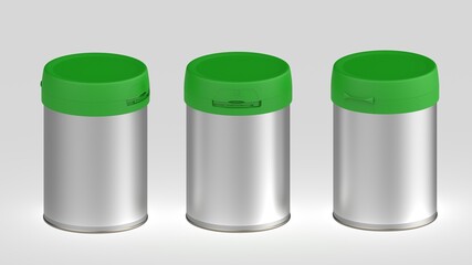 Milk Powder Tin Can Nutritional Food Packing White Plastic. Mock up of metal tin can with plastic cap for for baby powder milk, instant coffee, cereal etc. 3D Rendering Mock up